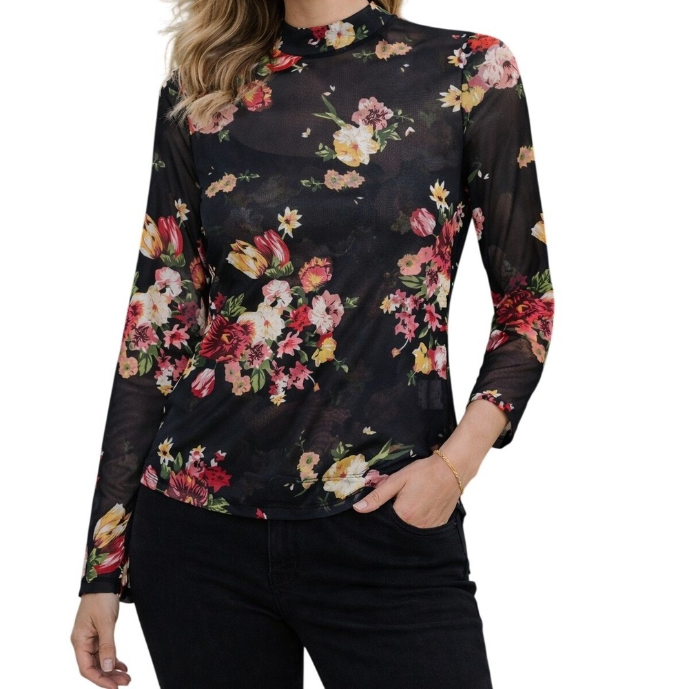 Mesh Top Women Medium Black Floral Mock Neck‎ Sheer Long Sleeve